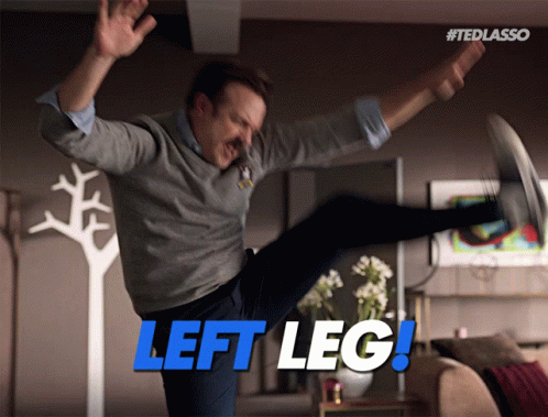 A Man Kicking In The Air With The Words Left Leg Written Below Him GIF
