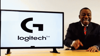 A Man Laughs In Front Of A Logitech Logo GIF