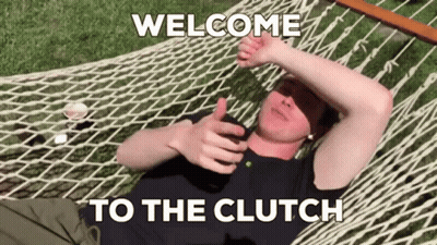 A Man Laying In A Hammock With The Words Welcome To The Clutch GIF