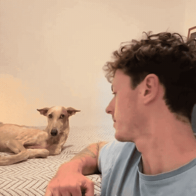 A Man Laying On A Bed Looking At A Dog Laying On The Floor GIF