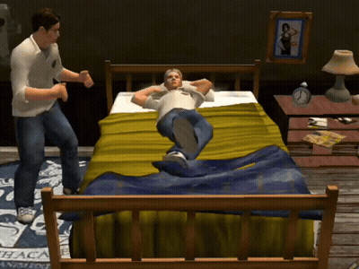 A Man Laying On A Bed Next To A Man Standing In Front Of A Sign That Says Baca GIF