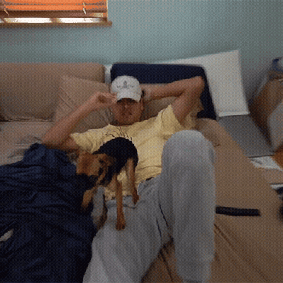 A Man Laying On A Bed With A Dog Wearing A Hat That Says ' Abercrombie ' On It GIF