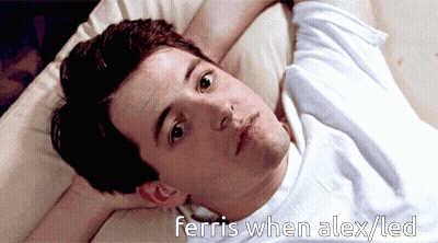 A Man Laying On A Bed With The Words Ferris When Alex / Led Written Below Him GIF