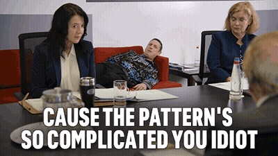 A Man Laying On A Couch With The Words " Cause The Pattern 'S So Complicated You Idiot " Behind Him GIF