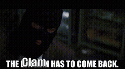 A Man Laying On A Couch With The Words The Clam Has To Come Back GIF