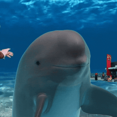 A Man Laying On A Dolphin With A Mcdonald 'S Sign In The Background GIF