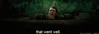 A Man Laying On A Wooden Floor With The Words That Went Well On The Bottom GIF