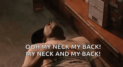 A Man Laying On The Floor With The Words Ooh My Neck My Back My Neck And My Back Behind Him GIF