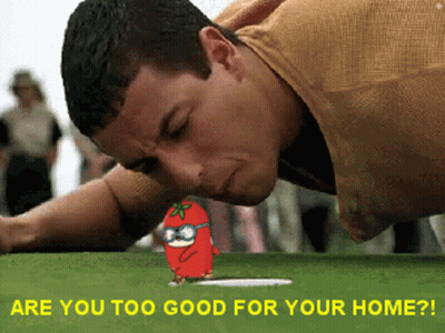 A Man Laying On The Ground With A Cartoon Tomato On The Green And The Words Are You Too Good For Your Home Below Him GIF