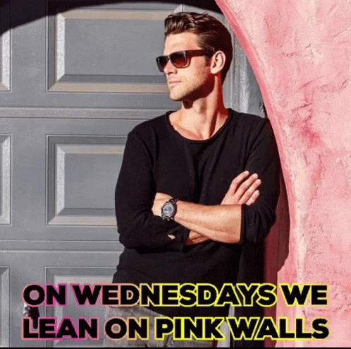 A Man Leaning Against A Pink Wall With The Words " On Wednesdays We Lean On Pink Walls " Above Him GIF