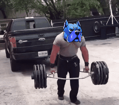 A Man Lifting A Barbell With A Blue Dog On His Face GIF