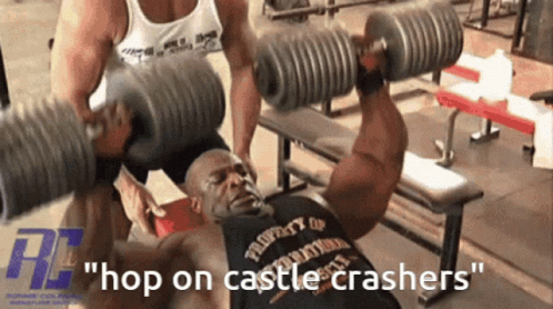 A Man Lifting Dumbbells With The Words " Hop On Castle Crashers " In The Background GIF
