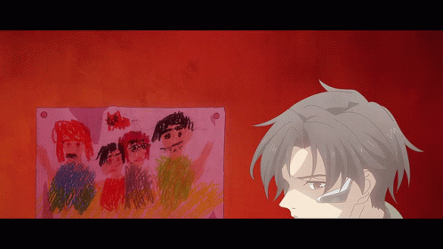A Man Looking At A Drawing Of A Family On A Red Background GIF