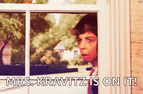 A Man Looking Out A Window With The Words Mrs Kravitz Is On It Written Below Him GIF