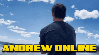 A Man Looking Out Over A Body Of Water With The Words Andrew Online Above Him GIF