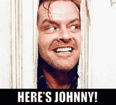 A Man Looking Through A Door With The Words Here 'S Johnny Written Below Him GIF