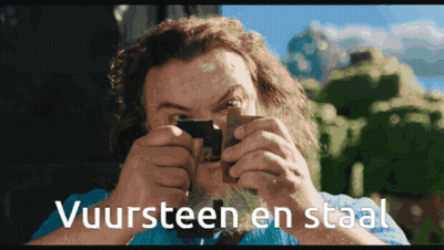 A Man Looking Through A Magnifying Glass With The Words Vuursteen En Staal Written Below Him GIF