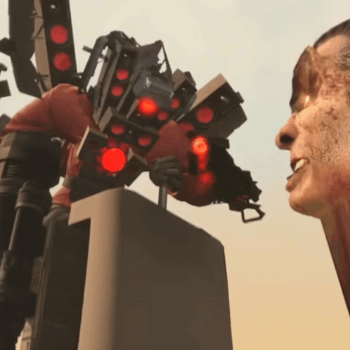A Man Looks At A Robot With Red Lights On Its Arms GIF