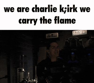 A Man Making A Face With The Words We Are Charlie K;irk We Carry The Flame Below Him GIF
