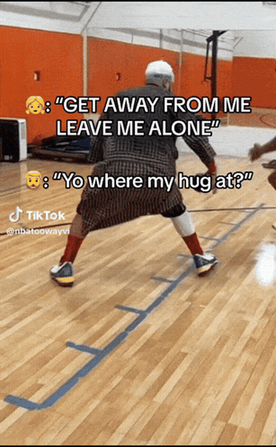 A Man On A Basketball Court With A Caption That Says Get Away From Me Leave Me Alone GIF