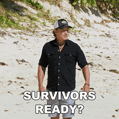 A Man On A Beach With The Words Survivors Ready Behind Him GIF