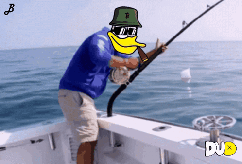 Man On Boat With Duck Face Holding Fishing Rod And B Hat GIF