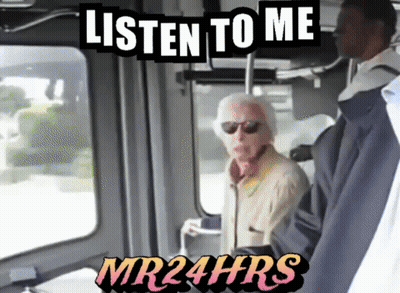 A Man On A Bus With The Words Listen To Me Mr24hrs Above Him GIF
