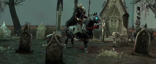 A Man On A Horse In A Cemetery With A Sign That Says ' A ' GIF