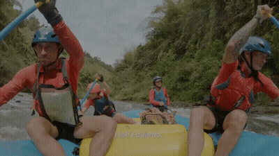 A Man On A Raft Says " I Tell Eduardo " On The Side GIF