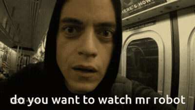 A Man On A Subway Train With The Words Do You Want To Watch Mr Robot GIF