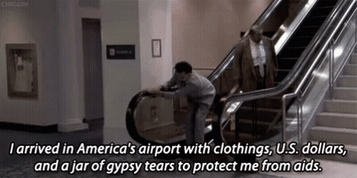 A Man On An Escalator With The Words " I Arrived In America 'S Airport With Clothings U.s. Dollars GIF