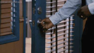 A Man Opens A Blue Door With Blinds And A Caption That Says " Itsscottiesstark " GIF