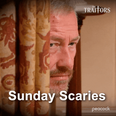 A Man Peeking Out From Behind A Curtain With The Words Sunday Scaries Above Him GIF