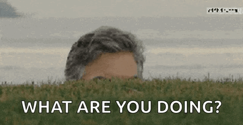 A Man Peeking Out Of The Grass With The Words What Are You Doing Below Him GIF