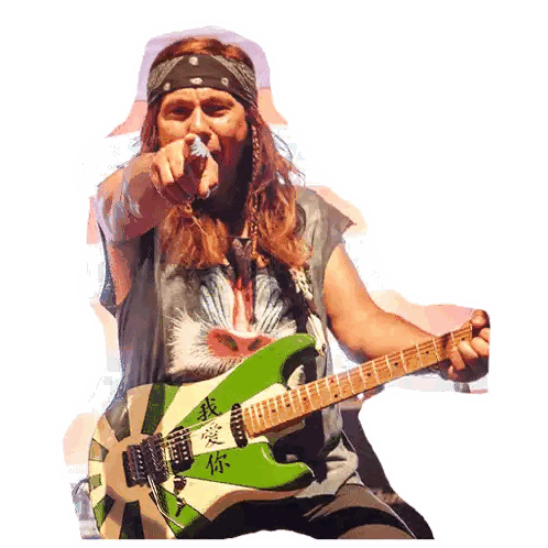 A Man Playing A Green And White Guitar With Chinese Characters On It Sticker
