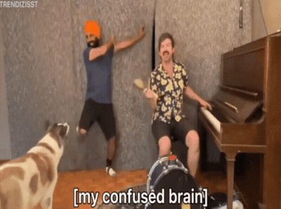A Man Playing A Guitar And A Man Playing A Piano With The Words " My Confused Brain " On The Bottom GIF