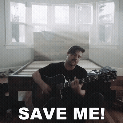 A Man Playing A Guitar In Front Of A Bed With The Words Save Me Written Below Him GIF