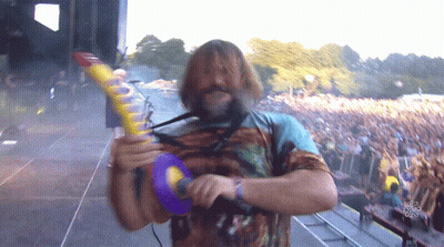 A Man Playing A Guitar In Front Of A Crowd At A Music Festival Sponsored By Nickelodeon GIF
