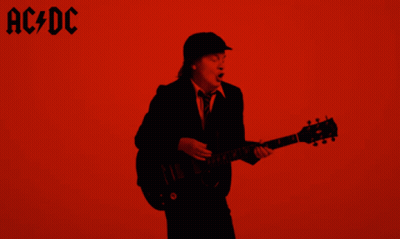 A Man Playing A Guitar In Front Of A Red Background With Ac Dc Written On It GIF
