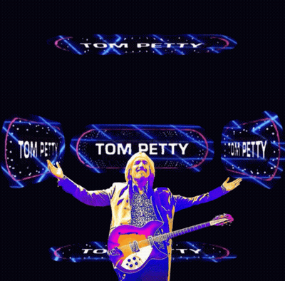 A Man Playing A Guitar In Front Of A Tom Petty Logo GIF