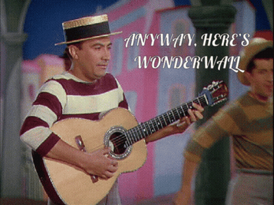 A Man Playing A Guitar With The Words " Anyway Here 'S Wonderwall " On The Bottom GIF