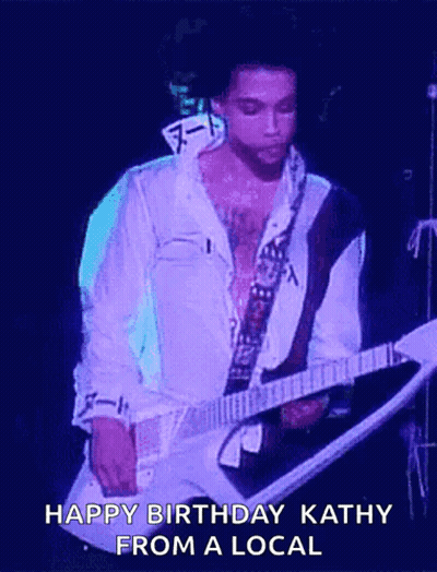 A Man Playing A Guitar With The Words Happy Birthday Kathy From A Local Above Him GIF
