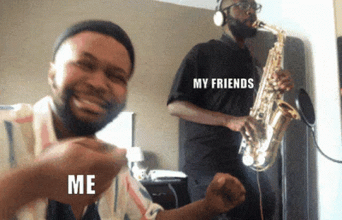 A Man Playing A Saxophone With A Shirt That Says " My Friends " GIF