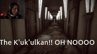 A Man Playing A Video Game In A Hallway With The Words The K ' Uk ' Ulkan !! Oh Nooo GIF