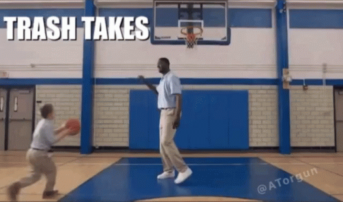 A Man Playing Basketball In A Gym With The Words Trash Takes Above Him GIF
