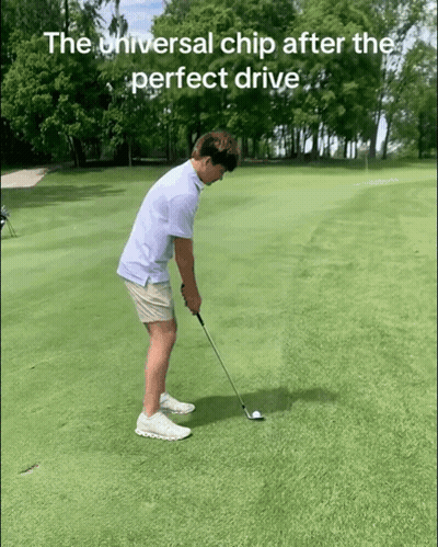 A Man Playing Golf On A Green With The Words " The Universal Chip After The Perfect Drive " GIF