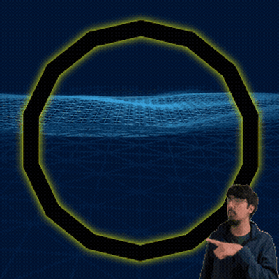 A Man Pointing At A Yellow Circle In The Middle Of A Blue Background GIF