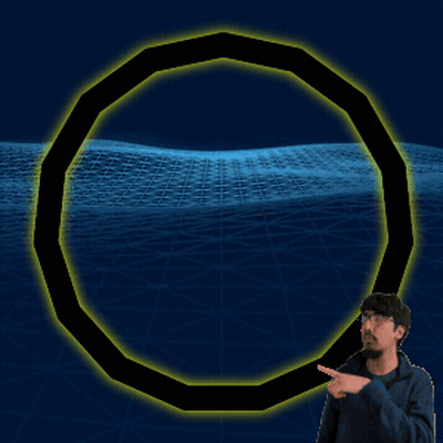 A Man Pointing At A Yellow Circle In The Middle Of A Blue Background GIF
