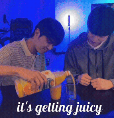 A Man Pouring Orange Juice Into A Glass With The Words It 'S Getting Juicy Below Him . GIF