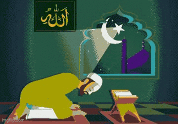 A Man Praying In Front Of A Sign That Says Allah GIF